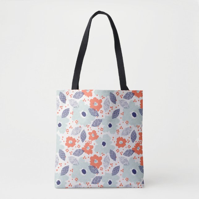 Orange & Blue Modern Flower Pattern Tote Bag (Front)