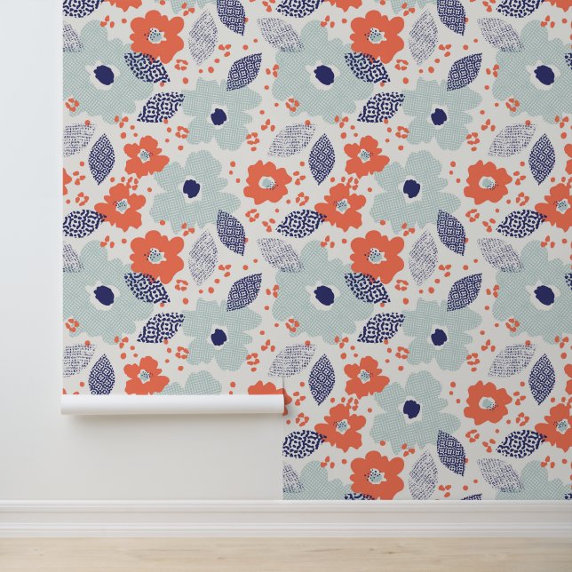 Orange & Blue Modern Flower Pattern Wallpaper (Application)
