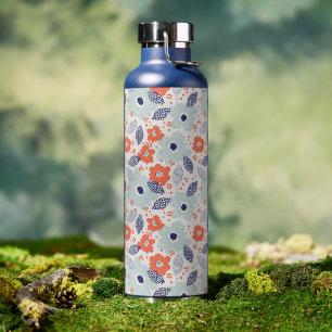 Orange & Blue Modern Flower Pattern Water Bottle