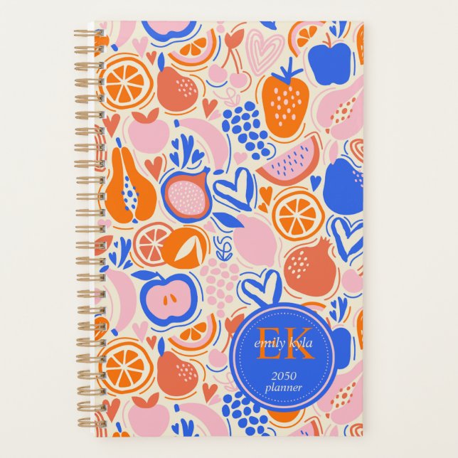 Orange Blue Monogram Fruits Vegetables  Planner (Front)