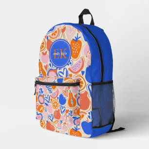 Orange Blue Monogram Fruits Vegetables Printed Backpack