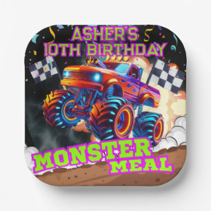 Orange Blue Monster Big Truck Birthday Square Paper Plate