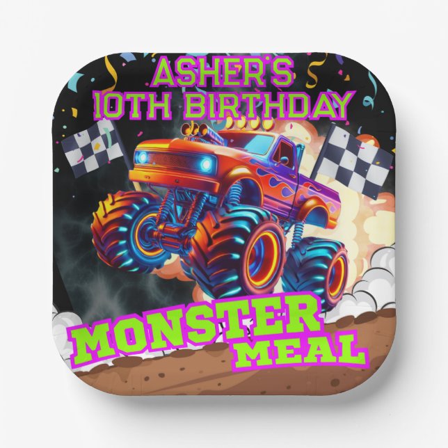 Orange Blue Monster Big Truck Birthday Square Paper Plate (Front)