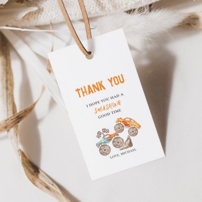 Orange Blue Monster Trucks Birthday Gift Tag (Creator Uploaded)
