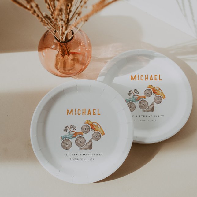 Orange Blue Monster Trucks Party Plates (Creator Uploaded)