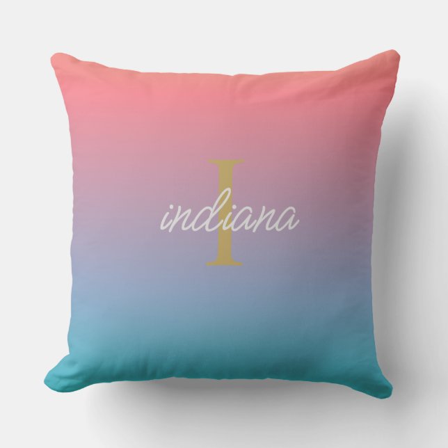 Orange Blue Ombre Hand-Lettered Script Name Cushion (Front)