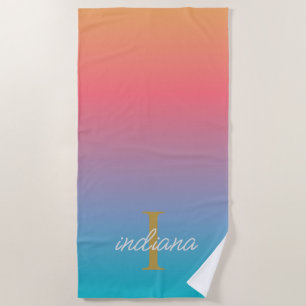 Orange Blue Ombre Modern Monogram Name Beach Towel