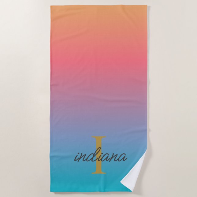 Orange Blue Ombre Modern Monogram Script Beach Towel (Front)