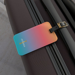 Orange Blue Ombre Modern Monogram Script Luggage Tag