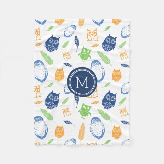 Orange Blue Owls Feathers Pattern Monogram Blanket (Front)
