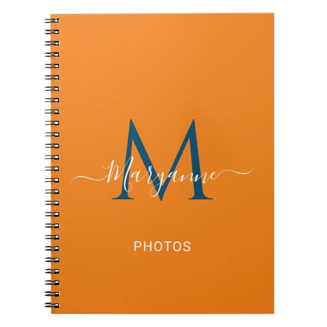 Orange & Blue Personalised Monogram Blue Photos Notebook (Front)