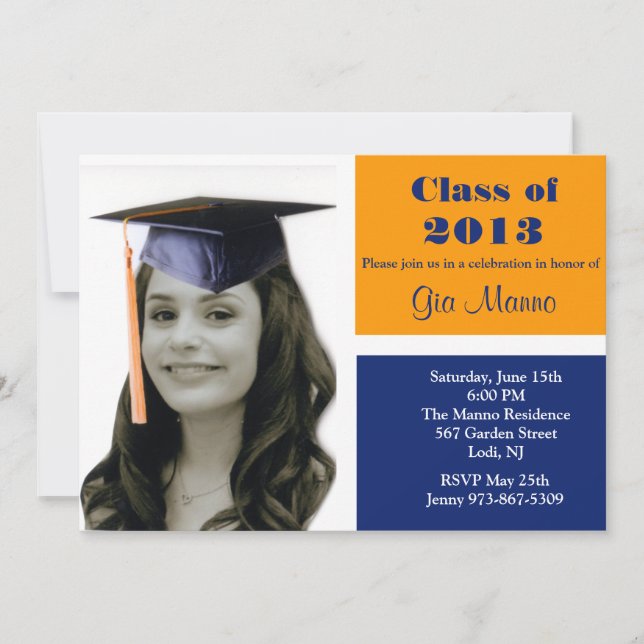 Orange & Blue  Photo Graduation Invitation (Front)