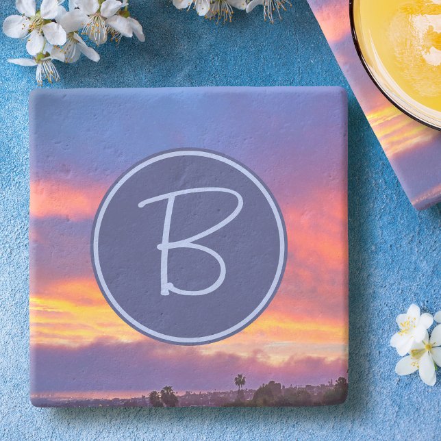 Orange Blue Pink Clouds Sunset Monogram Initial Stone Coaster (Creator Uploaded)