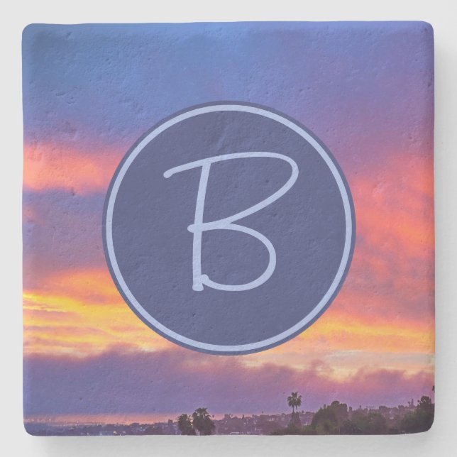 Orange Blue Pink Clouds Sunset Monogram Initial Stone Coaster (Front)