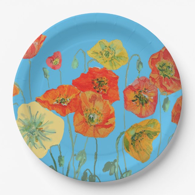 Orange Blue Poppy Flower Pattern Paper Party Plate (Front)