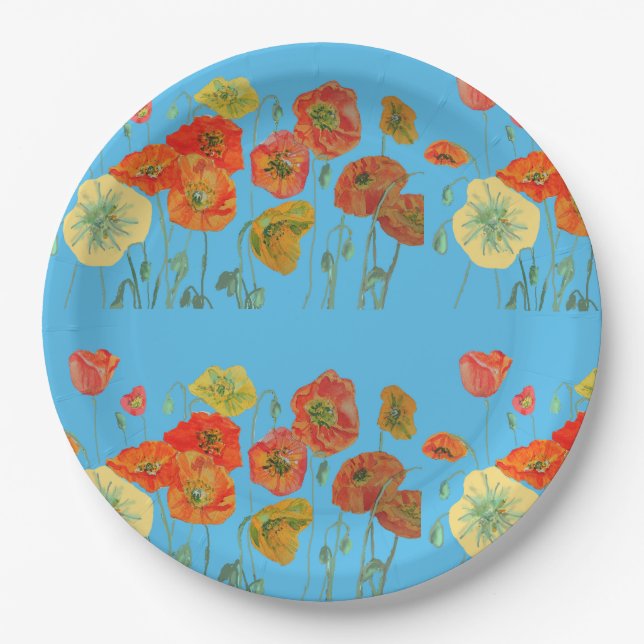 Orange Blue Poppy Flower Pattern Paper Party Plate (Front)