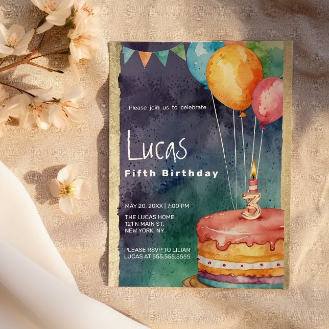 Orange blue purple cake balloons 5th Birthday Invitation (Orange blue purple cake balloons 5th Birthday)