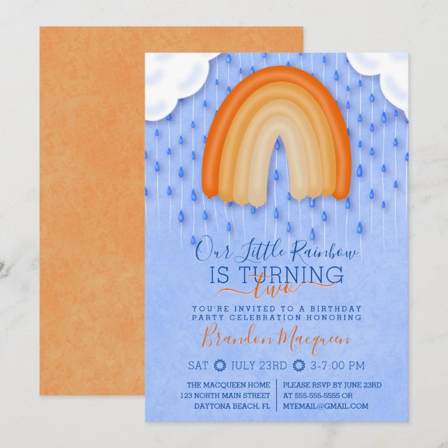 Orange Blue Rainbow Rain Clouds Balloon Birthday Invitation (Front/Back)