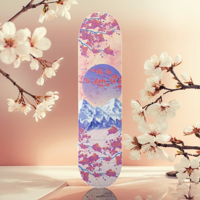 Orange Blue & Red Asiatic Cherry Blossom Sun Moon Skateboard (Creator Uploaded)