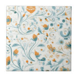 Orange blue retro floral pattern tile<br><div class="desc">White background.  Decorated with orange florals and blue foliage,  retro folkart style</div>