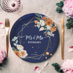 Orange blue sage flowers navy blue custom name  paper plate<br><div class="desc">Orange and white roses sage eucalyptus greenery navy blue background gold geometrical frame floral Mr & Mrs personalised name wedding paper plates.</div>