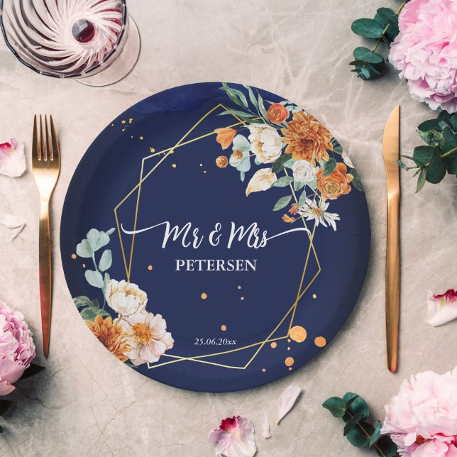 Orange blue sage flowers navy blue custom name  paper plate (Creator Uploaded)
