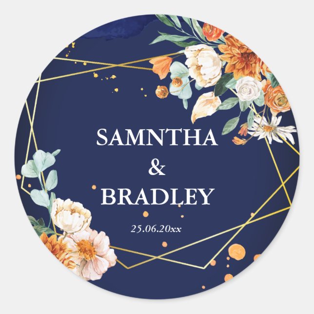 Orange blue sage flowers navy blue envelope classic round sticker (Front)