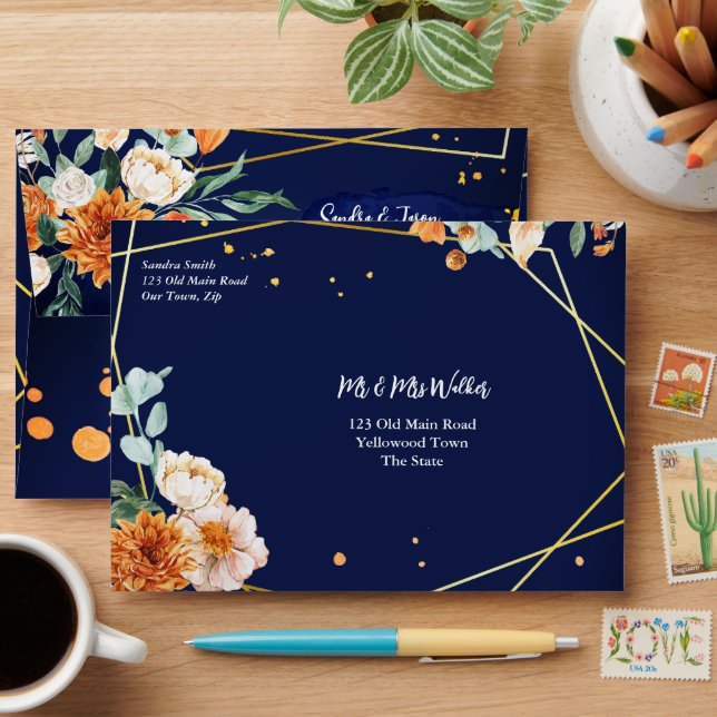 Orange blue sage flowers navy blue matching 5x7  envelope (Desk)