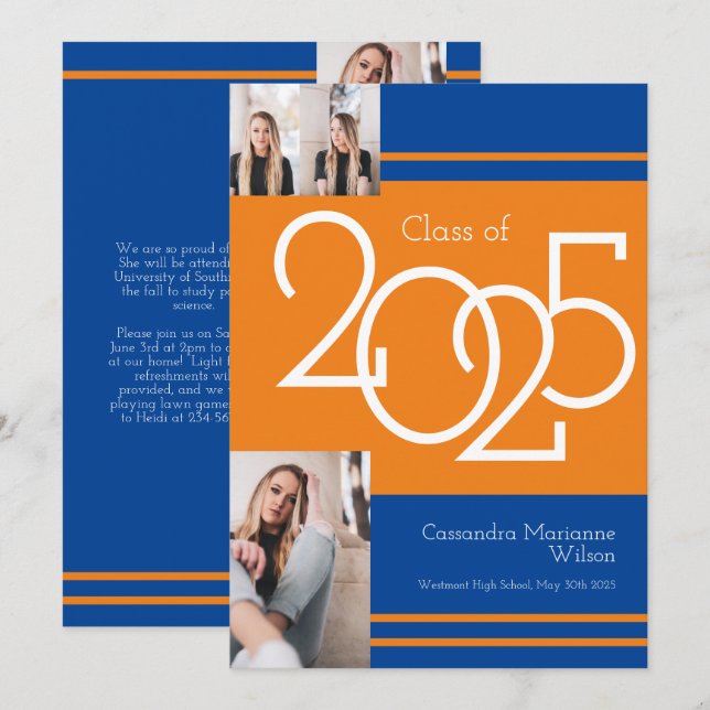 Orange Blue School Colours Graduation Announcement (Front/Back)