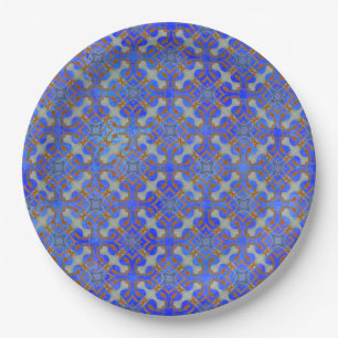 Orange, Blue Scrolled Diamond Pattern Paper Plate