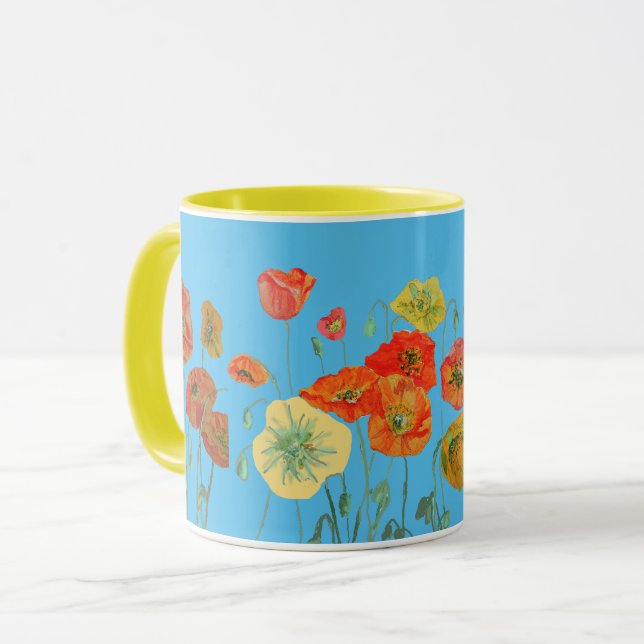 Orange Blue Shabby Poppy Poppies Watercolor Mug (Front Left)