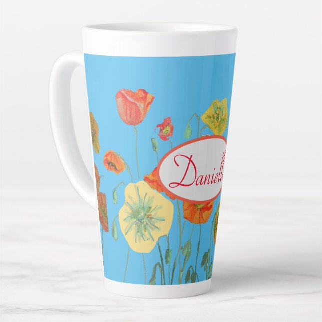 Orange Blue Shabby Poppy Poppies Watercolor Mug (Left Angle)