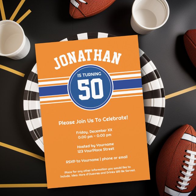 Orange Blue Sports Jersey Birthday party Invitation (Birthday Party Invitation - Sports Theme - Football Party Invitation)
