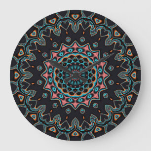 Orange Blue Teal Black Mandala Boho Art Large Clock