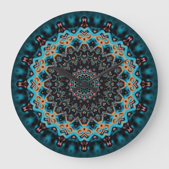 Orange Blue Teal Black Mandala Boho Art  Large Clock (Front)