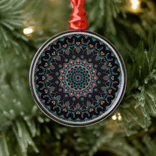 Orange Blue Teal Black Mandala Boho Art Metal Tree Decoration
