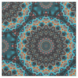 Orange Blue Teal Black Mandala Boho Pattern Fabric