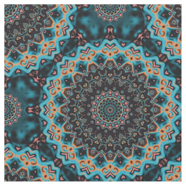 Orange Blue Teal Black Mandala Boho Pattern Fabric (Close Up)