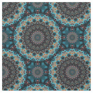 Orange Blue Teal Black Mandala Boho Pattern Fabric