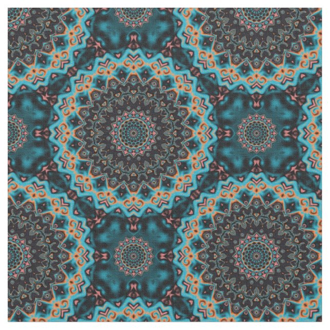Orange Blue Teal Black Mandala Boho Pattern Fabric (Close Up)