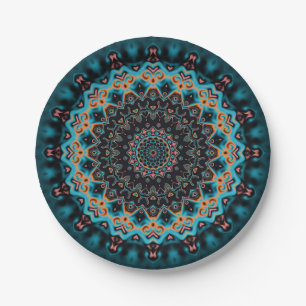Orange Blue Teal Black Mandala  Paper Plate