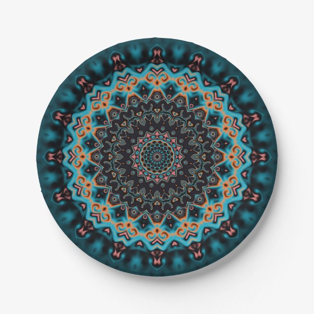 Orange Blue Teal Black Mandala  Paper Plate (Front)