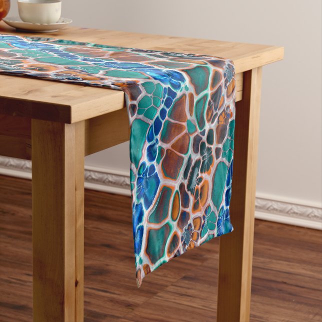 Orange Blue Teal Mosaic Stained Glass Abstraction Short Table Runner (In Situ)