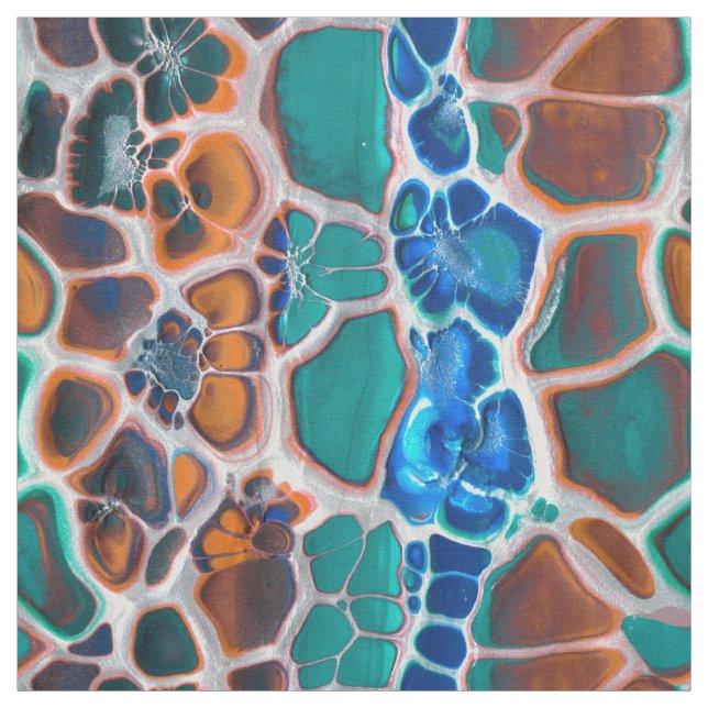 Orange Blue Teal Stained Glass Abstraction Pattern Fabric (Swatch)