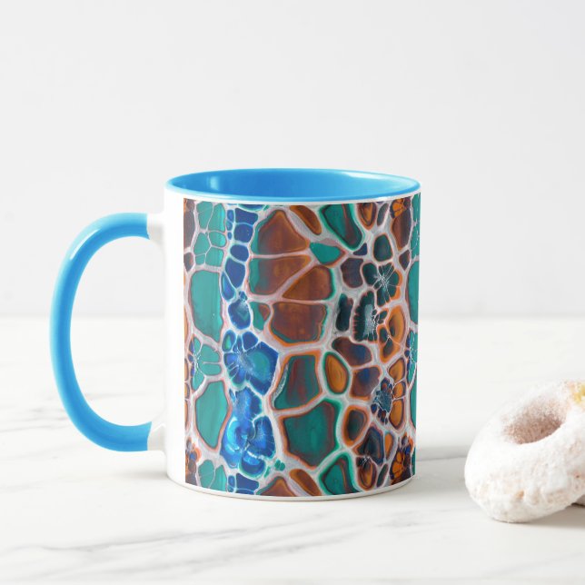 Orange Blue Teal Stained Glass Abstraction Pattern Mug (With Donut)