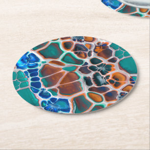 Orange Blue Teal Stained Glass Abstraction Pattern Round Paper Coaster