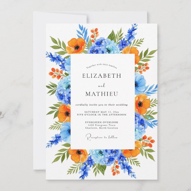 Orange Blue Vibrant Floral Wedding Invitation (Front)