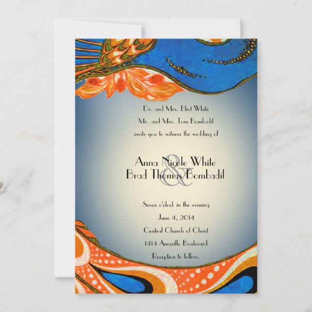 Orange Blue Vintage Peacock Wedding Invitation (Front)
