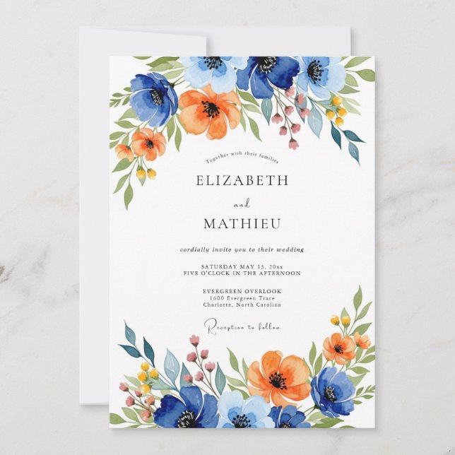 Orange Blue Vivid Floral Wedding Invitation (Front)