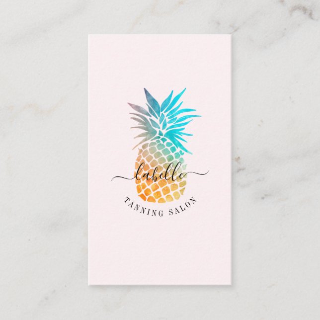 Orange & Blue Watercolor Tropical Pineapple Fruit Business Card (Front)